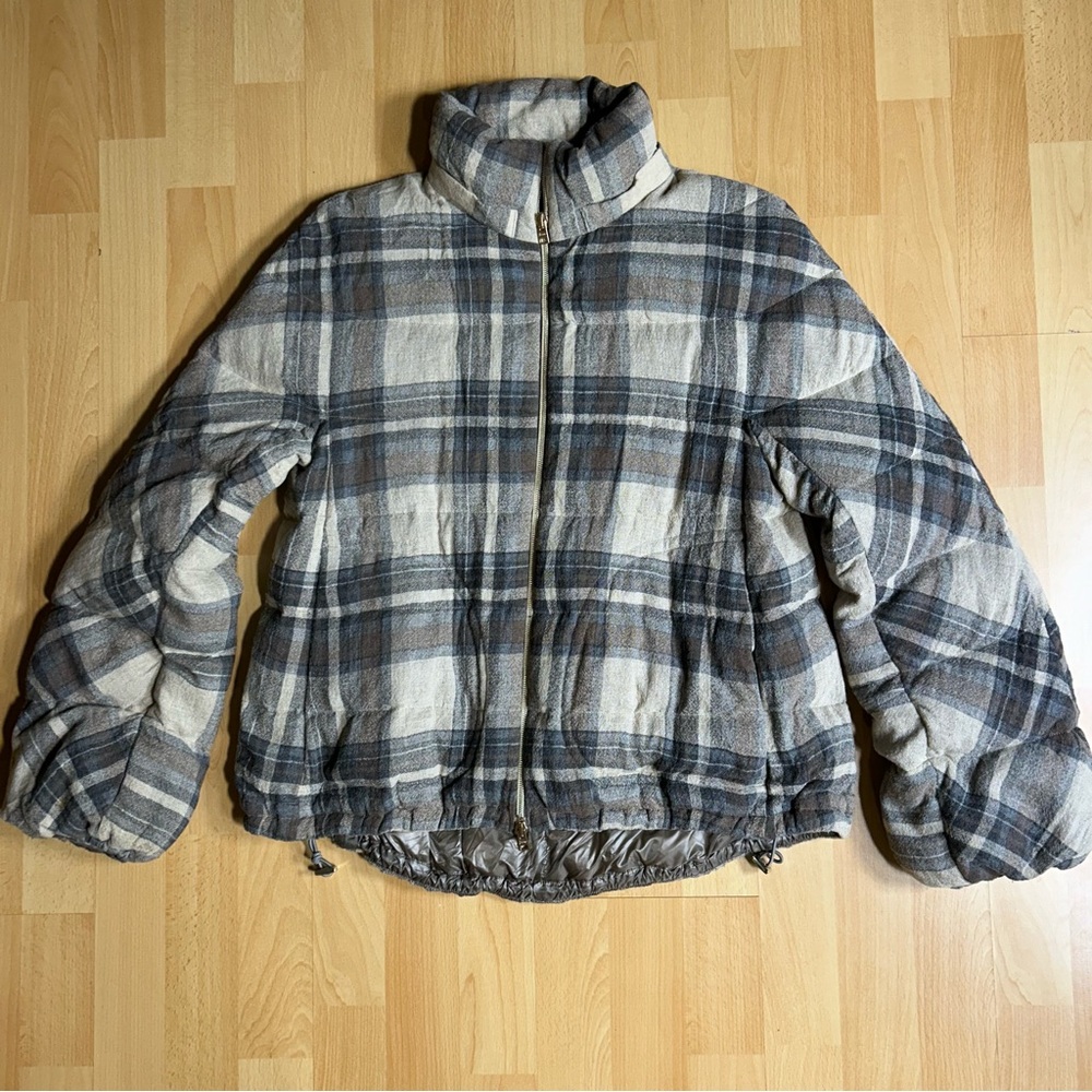 Herno Beige and Gray Plaid  Wool Blens‎ Down Filled Puffer Jacket